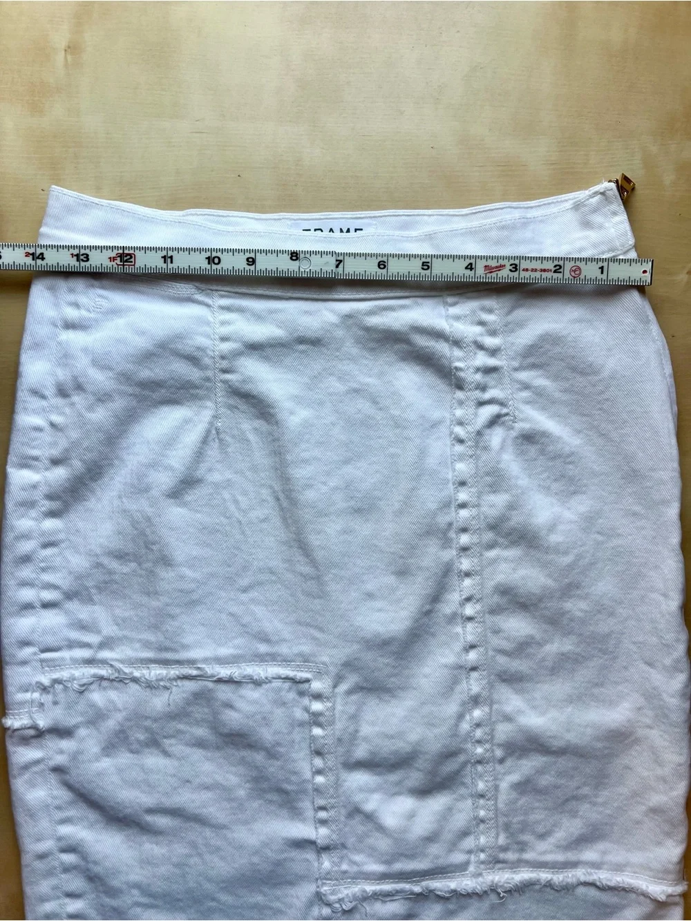 Frame Denim White Patchwork Stretch Pencil Skirt with Deconstructed Details